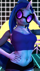 Size: 2160x3840 | Tagged: safe, artist:foxventus, dj pon-3, vinyl scratch, unicorn, anthro, g4, 3d, arm behind head, belly button, breasts, glasses, high res, midriff, source filmmaker