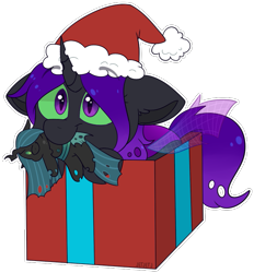 Size: 695x748 | Tagged: safe, artist:jetjetj, part of a set, oc, oc only, oc:onyia, changeling, christmas, commission, hat, holiday, present, purple changeling, santa hat, simple background, solo, transparent background, ych result