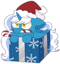 Size: 709x749 | Tagged: safe, artist:jetjetj, part of a set, oc, oc only, oc:fleurbelle, alicorn, pony, candy, candy cane, christmas, commission, female, food, hat, holiday, mare, present, santa hat, simple background, solo, transparent background, ych result
