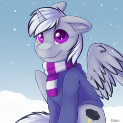 Size: 2500x2500 | Tagged: safe, artist:dbleki, oc, oc only, oc:dark tempest, alicorn, pony, alicorn oc, clothes, feathered wings, high res, hoodie, horn, male, scarf, sitting, smiling, snow, snowfall, solo, stallion, wings, winter
