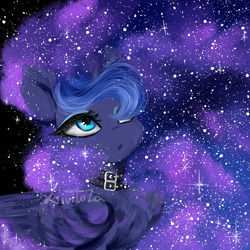 Size: 3000x3000 | Tagged: safe, artist:livitoza, princess luna, alicorn, pony, g4, bust, chest fluff, choker, ear fluff, ethereal mane, female, folded wings, hair over one eye, high res, looking up, mare, portrait, solo, starry mane, three quarter view, wings