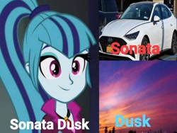 Size: 720x540 | Tagged: safe, edit, edited screencap, screencap, sonata dusk, equestria girls, g4, my little pony equestria girls: rainbow rocks, caption, car, dusk, hyundai, hyundai sonata, image macro, name pun, pun, solo, text