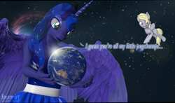 Size: 3684x2160 | Tagged: safe, artist:steamyart, derpy hooves, princess luna, pony, anthro, g4, 3d, earth, high res, meme, my little pogchamp, planet, pogchamp, poggers, source filmmaker, space