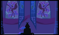 Size: 1012x603 | Tagged: safe, artist:spokenmind93, nightmare moon, oc, oc:nyx, alicorn, pony, comic:past sins, g4, banner, castle, pillar, rearing, stained glass, throne, throne room, window pane