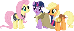 Size: 7191x3000 | Tagged: safe, artist:cloudy glow, applejack, clover the clever, fluttershy, private pansy, smart cookie, twilight sparkle, earth pony, pegasus, pony, unicorn, g4, hearth's warming eve (episode), open mouth, simple background, talking, transparent background, trio, unicorn twilight, vector