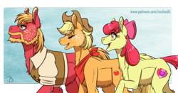Size: 1800x941 | Tagged: safe, artist:inuhoshi-to-darkpen, apple bloom, applejack, big macintosh, earth pony, pony, g4, alternate universe, apple siblings, apple sisters, applejack's hat, bandana, beard, belly fluff, brother and sister, chest fluff, clothes, cowboy hat, ear fluff, eyes closed, facial hair, freckles, hat, male, older, older apple bloom, open mouth, siblings, sisters