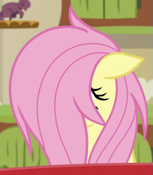 Size: 509x585 | Tagged: safe, screencap, fluttershy, pegasus, pony, flutter brutter, g4, cropped, cute, female, floppy ears, hair over eyes, mare, messy mane, shyabetes, solo