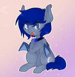 Size: 880x908 | Tagged: safe, artist:kawaiizn, oc, oc only, oc:stelkhavolk, bat pony, pony, alchemist, bat pony oc, bat wings, blue eyes, cute, gift art, jewelry, male, necklace, small wings, smiling, tongue out, wings