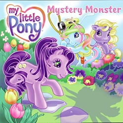 Size: 497x500 | Tagged: safe, artist:lyn fletcher, daisyjo, kimono, rainbow dash (g3), cryptid, earth pony, pony, g3, apron, blushing, book, clothes, cover, female, flower, garden, head torch, heart, heart eyes, hoof hold, investigation, mare, monster hunt, mystery monster, net, pansy, ponytail, rainbow dash always dresses in style, raised hoof, shadow, torch, trio, tulip, wingding eyes