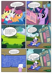 Size: 1280x1820 | Tagged: safe, artist:barberchair, apple bloom, scootaloo, sweetie belle, twilight sparkle, alicorn, earth pony, pegasus, pony, comic:the practical pony, g4, blueprint, clock, clothes, cutie mark crusaders, day, gloves, hammer, hat, night, overalls, twilight sparkle (alicorn), wheel
