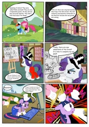 Size: 1280x1820 | Tagged: safe, artist:barberchair, pinkie pie, rainbow dash, rarity, twilight sparkle, alicorn, earth pony, pegasus, pony, comic:the practical pony, g4, blueprint, clothes, gloves, hammer, hat, house, overalls, pants, plans, prank, startled, surprised, twilight sparkle (alicorn), wheel, wood, wrench