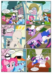 Size: 1280x1820 | Tagged: safe, artist:barberchair, pinkie pie, rainbow dash, twilight sparkle, alicorn, earth pony, pegasus, pony, robot, robot pony, comic:the practical pony, g4, angry, changing table, clothes, controller, diaper, gloves, hat, joystick, mechanical hands, overalls, powder (substance), safety pin, speech bubble, table, twilight sparkle (alicorn), wheel