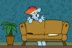 Size: 942x620 | Tagged: safe, artist:dacaoo, rainbow dash, pegasus, pony, g4, animated, behaving like a cat, bipedal, bipedal leaning, couch, ears back, feathered wings, gif, hiding, leaning, no pupils, roomba, scared, solo, spread wings, vacuum cleaner, wings