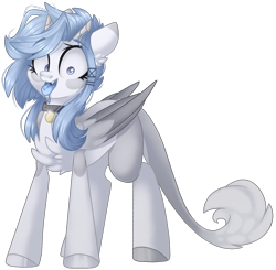 Size: 1676x1643 | Tagged: safe, artist:cinnamontee, oc, oc only, oc:rin, pegasus, pony, blue tongue, chest fluff, collar, drool, female, horn, mare, multiple horns, simple background, solo, tongue out, transparent background