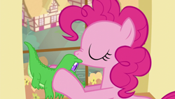 Size: 1920x1080 | Tagged: safe, screencap, gummy, pinkie pie, alligator, earth pony, pony, g4, party pooped, season 5, female, forehead kiss, kiss on the head, kissing, mare