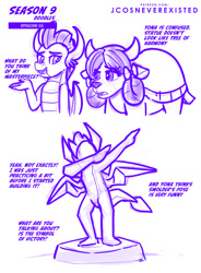 Size: 755x1024 | Tagged: safe, artist:jcosneverexisted, smolder, yona, dragon, yak, g4, uprooted, dab, dialogue, evil, female, season 9 doodles, stone, text