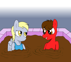 Size: 1371x1200 | Tagged: safe, artist:amateur-draw, derpy hooves, oc, oc:gio the red horse, earth pony, pegasus, pony, g4, bathing, clothes, female, looking at each other, male, mare, mud, mud bath, muddy, one-piece swimsuit, request, requested art, simple background, spa, stallion, swimsuit