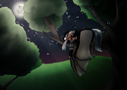 Size: 4961x3508 | Tagged: safe, artist:oneiria-fylakas, oc, oc only, oc:sampson, bat pony, pony, clothes, male, moon, night, scarf, sleeping, solo, stallion, stars, tree, tree branch