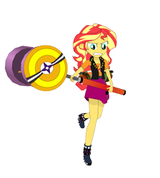 Size: 969x1081 | Tagged: safe, sunset shimmer, equestria girls, g4, clothes, hammer, jacket, protecting, ready to fight, shirt, simple background, skirt, solo, strength, transparent background, weapon