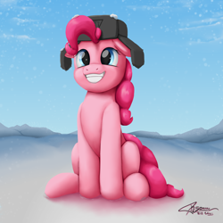 Size: 4000x4000 | Tagged: safe, artist:r5on11c, pinkie pie, earth pony, pony, g4, absurd resolution, cute, diapinkes, female, floppy ears, grin, hat, mare, ponk, sitting, smiling, snow, solo, squee, ushanka, winter