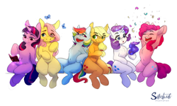 Size: 2500x1500 | Tagged: safe, artist:silentwulv, applejack, fluttershy, pinkie pie, rainbow dash, rarity, twilight sparkle, alicorn, earth pony, pegasus, pony, unicorn, g4, belly button, book, chest fluff, eye clipping through hair, fabric, female, mane six, mare, open mouth, simple background, sitting, smiling, twilight sparkle (alicorn), white background, wide hips