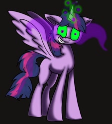 Size: 649x720 | Tagged: safe, artist:puppyhowler, twilight sparkle, alicorn, pony, g4, black background, colored sclera, corrupted, corrupted twilight sparkle, dark magic, dark twilight, dark twilight sparkle, darklight, darklight sparkle, evil twilight, female, glowing horn, green sclera, horn, insanity, magic, mare, messy hair, missing cutie mark, possessed, possession, simple background, solo, sombra eyes, twilight is anakin, twilight snapple, twilight sparkle (alicorn)