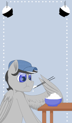 Size: 2000x3392 | Tagged: safe, artist:gblacksnow, oc, oc only, oc:chopsticks, pony, chopsticks, eating, food, hat, herbivore, high res, male, rice, simple background, solo, wing hands, wings