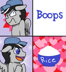 Size: 501x549 | Tagged: safe, artist:gblacksnow, oc, oc only, oc:chopsticks, pegasus, pony, angry, boop, floppy ears, food, hat, herbivore, hotline bling, male, meme, open mouth, rice, solo, text