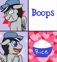 Size: 501x549 | Tagged: safe, artist:gblacksnow, oc, oc only, oc:chopsticks, pegasus, pony, angry, boop, floppy ears, food, hat, herbivore, hotline bling, male, meme, open mouth, rice, solo, text, that pony sure does hate boops