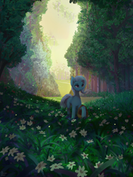 Size: 1920x2560 | Tagged: safe, artist:quvr, trixie, pony, unicorn, g4, basket, female, flower, forest, hoof hold, horn, mare, meadow, scenery, solo, tree