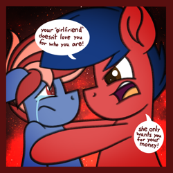Size: 1200x1200 | Tagged: safe, artist:thebadbadger, oc, oc only, oc:hot pop, oc:phire demon, earth pony, pony, abuse, angry, crying, earth pony oc, floppy ears, male, open mouth, stallion