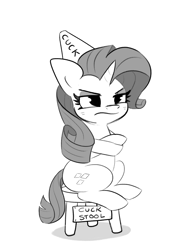 Size: 2920x3780 | Tagged: safe, artist:tjpones, rarity, pony, unicorn, g4, crossed hooves, cuckquean, dunce hat, female, grayscale, grumpy, hat, high res, mare, monochrome, rarity is not amused, simple background, sitting, solo, stool, unamused, white background