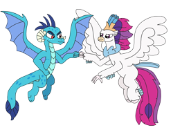 Size: 3264x2448 | Tagged: safe, artist:supahdonarudo, princess ember, queen novo, classical hippogriff, dragon, hippogriff, series:novoember, g4, my little pony: the movie, dragoness, female, fist bump, flying, high res, simple background, transparent background