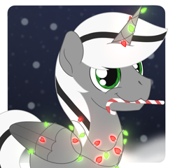 Size: 1076x1035 | Tagged: safe, artist:dyonys, oc, oc only, oc:kafros, alicorn, pony, robot, robot pony, :3, candy, candy cane, christmas, christmas lights, fairy lights, food, holiday, male, solo, stallion