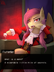 Size: 1490x1979 | Tagged: safe, artist:alicetriestodraw, fluttershy, bat pony, pony, vampire, g4, bat ponified, castlevania, castlevania: symphony of the night, clothes, coat, commission, crossover, dracula, flutterbat, glass, illustration, quote, race swap, sitting, solo, throne, what is a man, what is a mare, wine glass