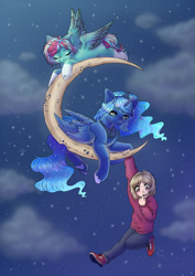 Size: 2200x3100 | Tagged: safe, artist:sugarrrpeach, princess luna, oc, alicorn, human, pegasus, pony, fanfic:the moon has two faces, g4, crescent moon, fanfic art, high res, moon, stars