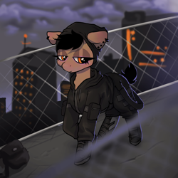 Size: 1080x1080 | Tagged: safe, artist:...macabre..., oc, oc only, earth pony, pony, black on black, city, clothes, piercing, shoes, solo, techwear, tomboy