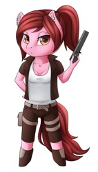 Size: 727x1280 | Tagged: safe, artist:imreer, oc, oc only, earth pony, anthro, unguligrade anthro, clothes, earth pony oc, female, gun, simple background, weapon, white background
