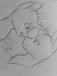 Size: 720x960 | Tagged: safe, artist:silentwolf-oficial, oc, oc only, pony, unicorn, bald, bust, duo, grayscale, grin, horn, lineart, monochrome, smiling, traditional art, unicorn oc