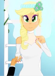 Size: 419x574 | Tagged: safe, artist:kaydenlindsey, applejack, caramel, equestria girls, g4, clothes, dress, equestria girls-ified, female, jewelry, looking at you, male, marriage, offscreen character, pov, ring, ship:carajack, shipping, solo focus, straight, wedding, wedding dress, wedding ring