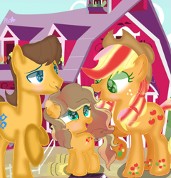Size: 1183x1231 | Tagged: safe, artist:amoresparkle, applejack, caramel, oc, earth pony, pony, g4, barn, base used, family, female, filly, male, offspring, parent:applejack, parent:caramel, parents:carajack, rainbow power, ship:carajack, shipping, straight, sweet apple acres