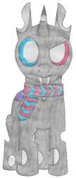 Size: 1447x3354 | Tagged: safe, artist:theunidentifiedchangeling, oc, oc only, oc:[unidentified], changeling, changeling oc, closed mouth, clothes, double colored changeling, dreamworks face, eyes open, fangs, happy, heterochromia, looking at you, male, ponysona, scarf, simple background, smiling, smiling at you, solo, transparent background