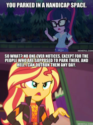 Size: 600x813 | Tagged: safe, edit, edited screencap, screencap, sci-twi, sunset shimmer, twilight sparkle, equestria girls, equestria girls specials, g4, my little pony equestria girls: better together, my little pony equestria girls: sunset's backstage pass, caption, clothes, duckman, image macro, memeful.com, music festival outfit, pajamas, text