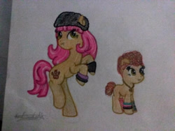 Size: 2576x1932 | Tagged: safe, artist:nurkako, earth pony, hengstwolf, monster pony, pony, werewolf, black hat, bracelet, clothes, crossover, duo, ear piercing, earring, female, filly, gloves, hat, howleen wolf, jewelry, mattel, monster, monster high, necklace, piercing, pink hair, ponified, traditional art