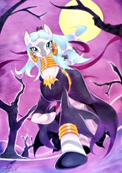 Size: 1452x2048 | Tagged: safe, artist:025aki, zecora, pony, spider, zebra, g4, clothes, costume, full moon, low angle, moon, night, nightmare night, solo, traditional art