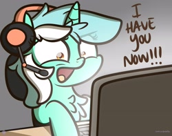 Size: 3250x2560 | Tagged: dead source, safe, artist:php142, lyra heartstrings, pony, unicorn, g4, among us, chest fluff, computer, desk, female, gamer lyra, headphones, high res, keyboard, mare, open mouth, solo
