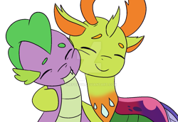 Size: 1077x742 | Tagged: safe, artist:101xsplattyx101, artist:firefox238, spike, thorax, changedling, changeling, dragon, g4, base used, cometverse, deviantart watermark, eyes closed, gay, gay spike, hug, king thorax, male, obtrusive watermark, raised hoof, ship:thoraxspike, shipping, simple background, transparent background, watermark