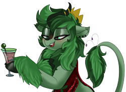 Size: 2944x2160 | Tagged: safe, artist:brainiac, oc, oc only, oc:shotglass, oc:silent spring, breezie, kirin, fallout equestria, alcohol, blushing, breezie oc, clothes, dress, drunk, duo, fall guys crown, fallout equestria:all things unequal (pathfinder), female, hidden, high res, mare, piercing, simple background, solo focus, transparent background, wine