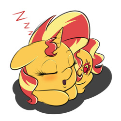 Size: 1500x1500 | Tagged: safe, artist:albertbm, sunset shimmer, pony, unicorn, g4, behaving like a cat, blushing, cute, eyes closed, female, floppy ears, mare, onomatopoeia, open mouth, shimmerbetes, simple background, sleeping, solo, sound effects, weapons-grade cute, white background, wholesomeness in the comments, zzz