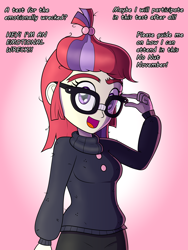 Size: 3000x4000 | Tagged: safe, artist:thealjavis, moondancer, comic:no nut moondancer, equestria girls, g4, clothes, cute, dancerbetes, dialogue, equestria girls-ified, eyebrows, eyelashes, female, glasses, hair bun, humanized, light skin, looking at you, looking forward, multicolored hair, no nut november, open mouth, purple hair, red hair, redhead, short hair, simple background, smiling, solo, standing, sweater, text
